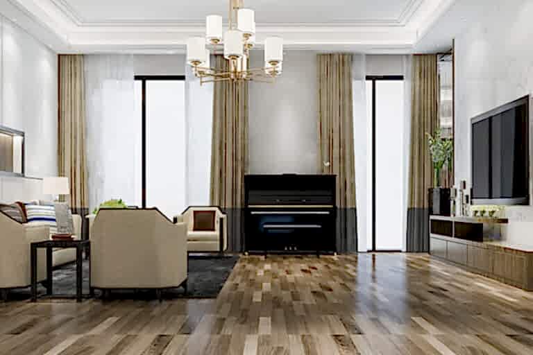 3d rendering classic warm living room with piano and armchair